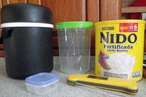 Tools: thermos, storage container, starter container, milk powder, thermometer.