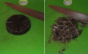 The hard drinking chocolate disks are easily chopped into rough chunks.