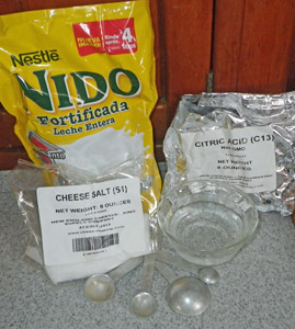 Powdered milk (Nido), cheese salt, and citric acid for standard ricotta.